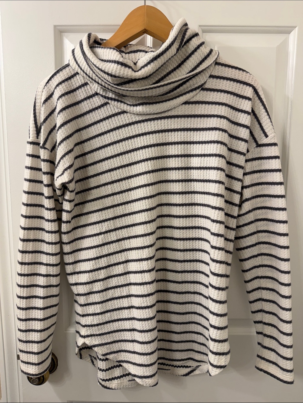 LOFT White and Charcoal Grey Striped Cowl-Neck Waffle Shirt